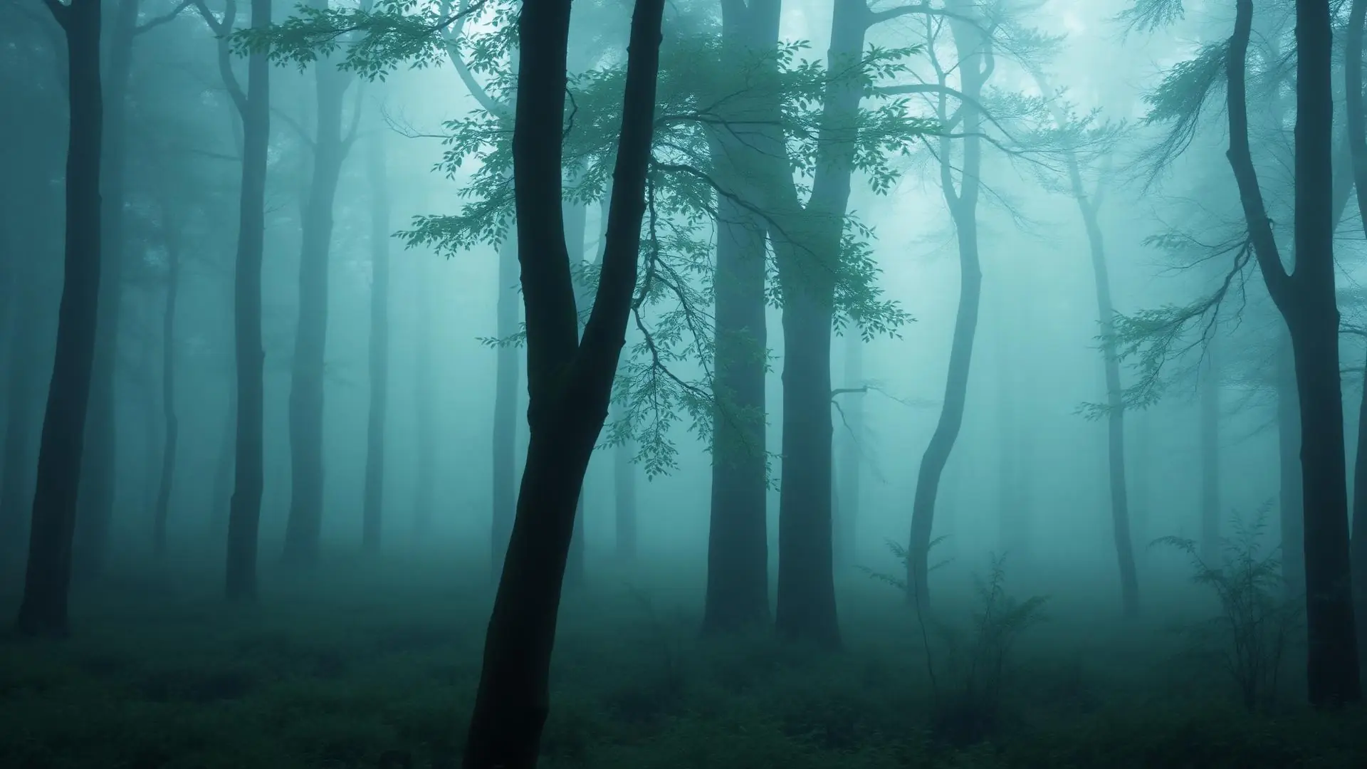 Bosco nella nebbia con luce verde-azzurra